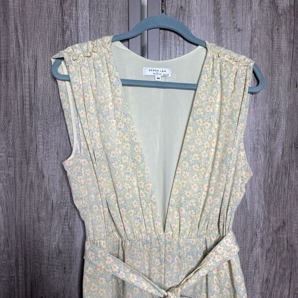 Derek Lam Jumpsuit Deep V Neckline Sleeveless Yellow Floral Print Wide Leg Sz 48 - Picture 3 of 15